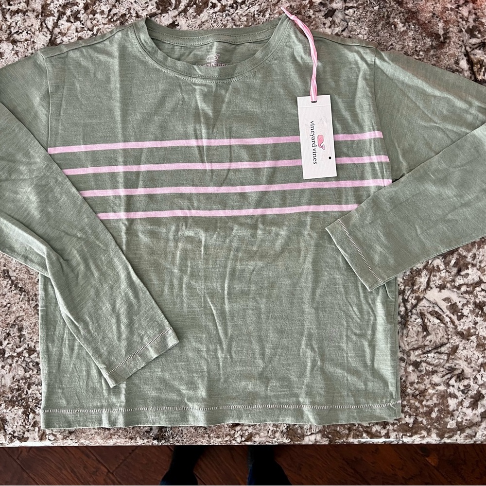Vineyard Vines Long Sleeve Stripe Tee | Sage Olive w/ Pink | Size S (7–8) | NWT